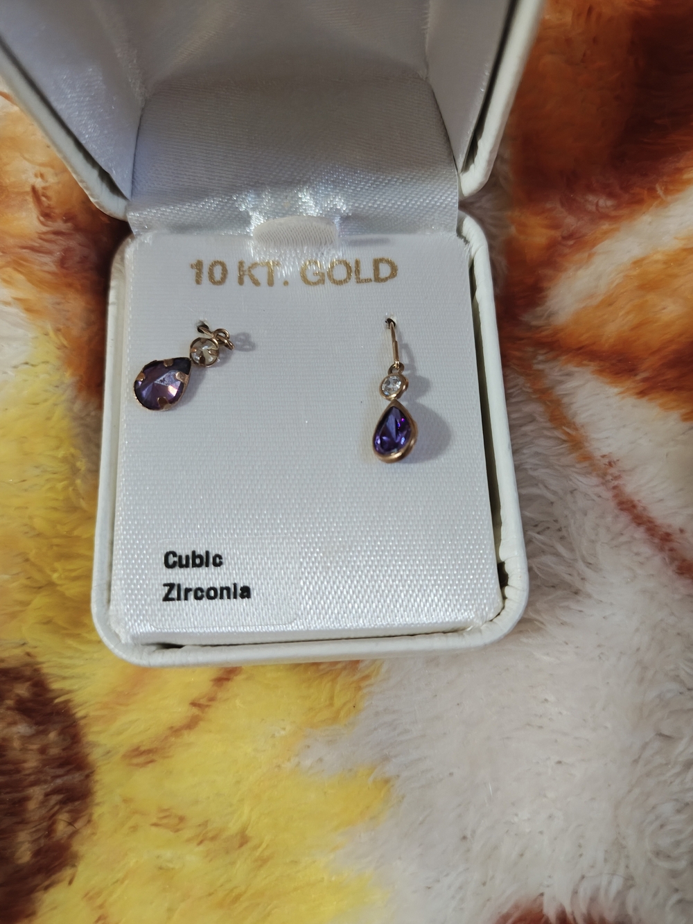 10 KT Gold Purple Teardrop Cubic Zirconia Drop Earrings